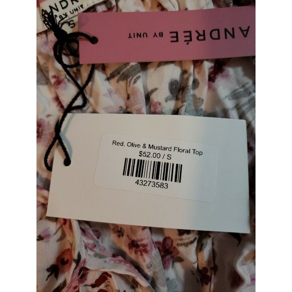 Andrée By Unit Red Olive & Mustard Floral‎ Long Sleeve Blouse Tie Neck Size S - Picture 6 of 15